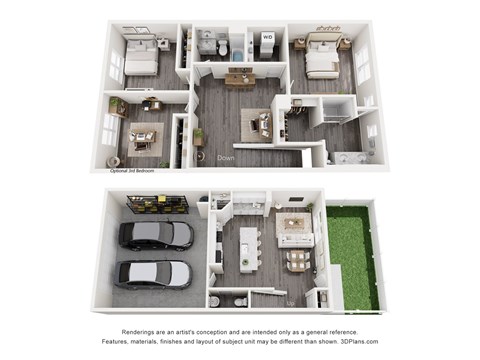 A floor plan of a house with two bedrooms, a living room, a kitchen, and a garage.